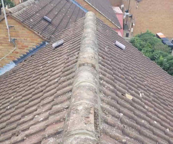 This is a photo of a roof ridge that has just been re-bedded, work carried out by KJI Roofing Rothwell